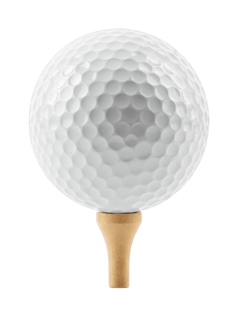 White dimpled golf ball on wooden tee. png