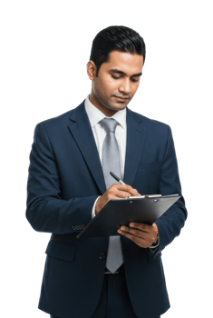 Professional young asian male in suit reviewing documents on clipboard. png