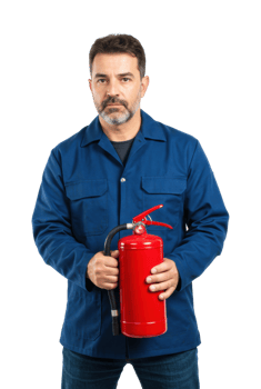 Male adult holding red fire extinguisher in blue jacket. png