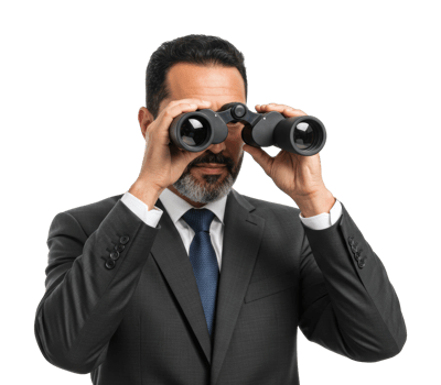 Adult hispanic male in suit using binoculars for observation. png