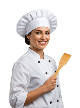 Smiling female chef in uniform holding spatula. png