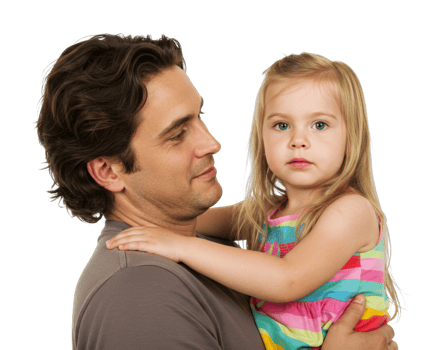 Young father holding daughter in colorful dress. png