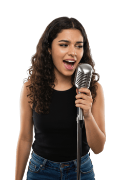 Young hispanic female singing into vintage microphone. png