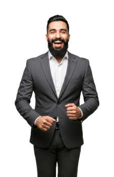 Confident young hispanic male business professional in gray suit. png