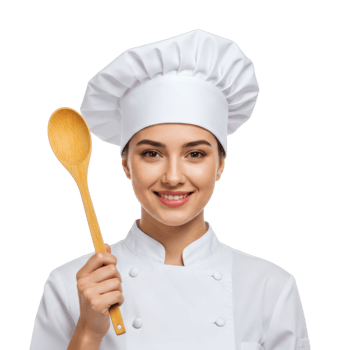 Female chef smiling in white uniform holding wooden spoon. png