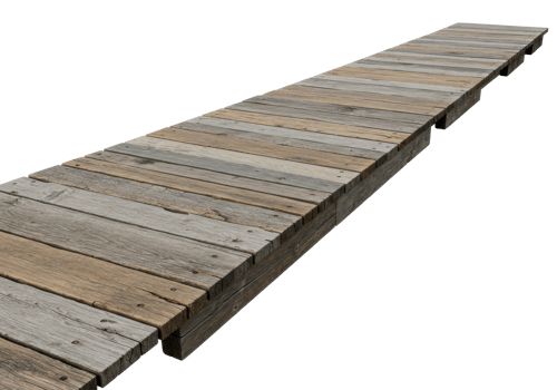 Weathered wooden dock extending over water. png