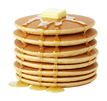 Stack of pancakes with butter and syrup dripping. png