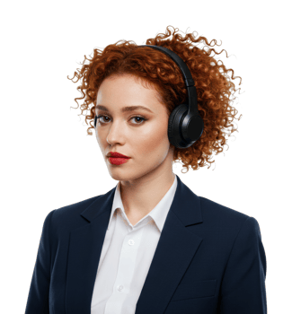 Young female professional with curly hair wearing headphones. png