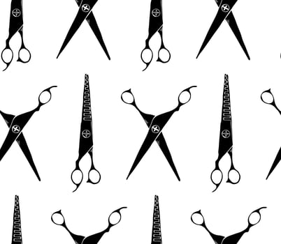 Scissors Hair Salon seamless pattern. graphic line ink illustration. Barber shop or tailor theme in vintage colors. hairdressing scissors. Sewing background and cloth design. vector
