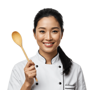 Asian female chef holding wooden spoon smiling in uniform. png