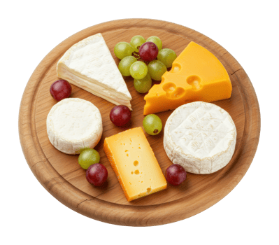 Assorted cheese platter with grapes on wooden board. png