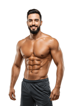 Muscular young male with beard and abs smiling in athletic wear. png