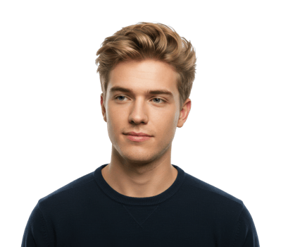 Young male with blonde hair wearing dark sweater, looking confident. png