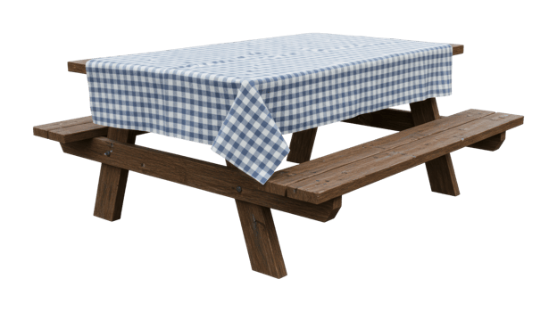 Wooden picnic table with blue checkered tablecloth. png