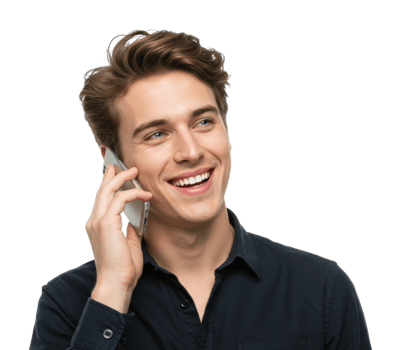 Young male adult smiling while talking on smartphone. png