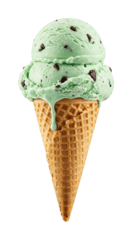 Mint chocolate chip ice cream cone with melting drips. png