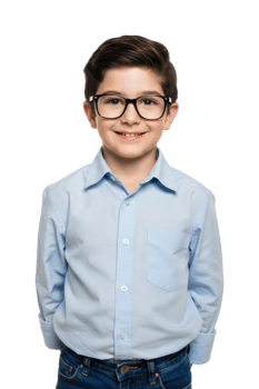 Smiling young male child wearing glasses and light blue shirt. png