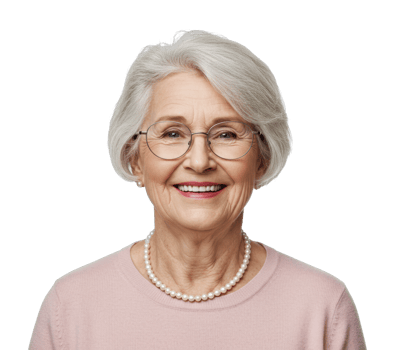 Mature elderly female smiling with glasses and pearls. png