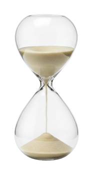 Transparent glass hourglass with flowing sand. png