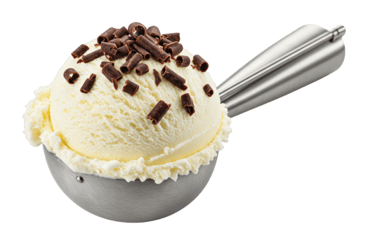 Vanilla ice cream scoop with chocolate shavings on metal sundae spoon. png