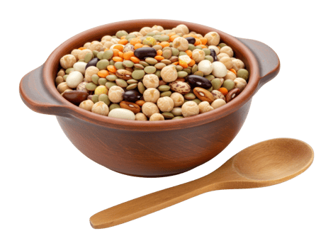 Assorted beans and lentils in wooden bowl with spoon. png