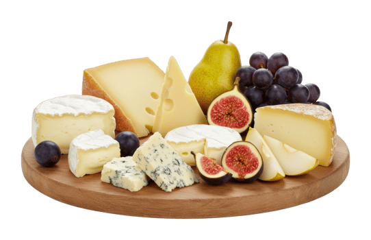 Variety of cheeses with fresh fruit on wooden board. png