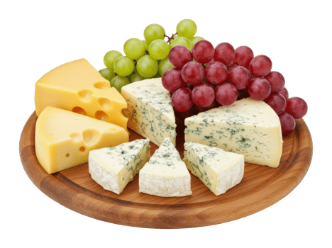 Assorted cheeses and grapes on wooden platter. png