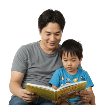 Asian adult male and child reading book together in casual setting. png