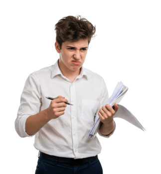 Young male teen holding papers and pen with frustrated expression. png