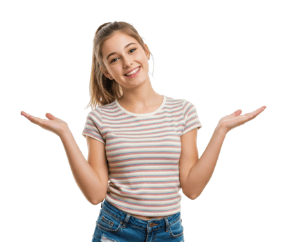 Smiling female teen shrugging in striped shirt. png