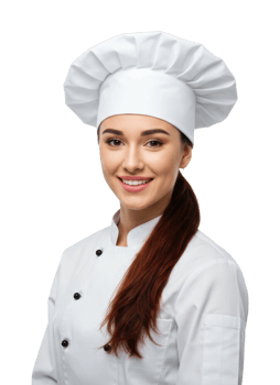 Smiling young female chef in uniform with toque hat. png