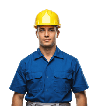 Young male construction worker in blue uniform with yellow hard hat. png