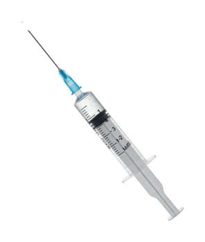 Transparent medical syringe with blue needle for healthcare. png