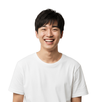 Smiling young asian male in white t shirt. png