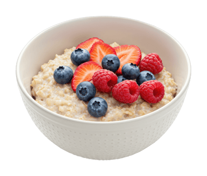 Bowl of oatmeal with fresh fruits blueberries, strawberries, raspberries. png