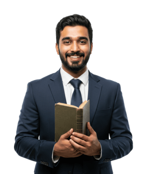 Young hispanic adult male smiling in suit holding book. png