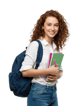 Smiling young female student holding notebooks and backpack. png