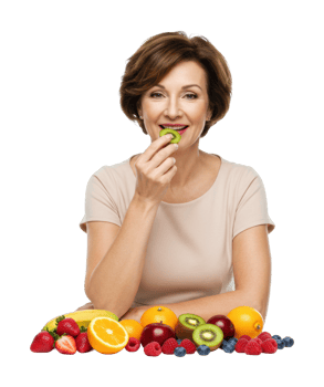 Caucasian mature female enjoying fresh fruits with berries oranges and kiwis. png