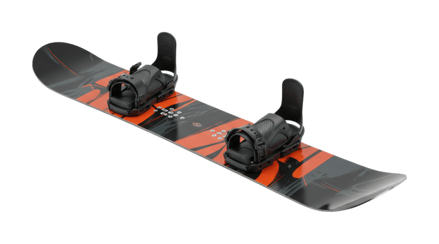 Black and orange snowboard with bindings. png