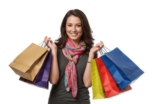 Young female smiling with shopping bags in colorful scarf. png