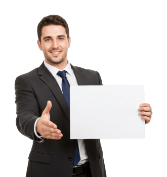 Caucasian male adult in suit offering handshake and displaying blank sign. png