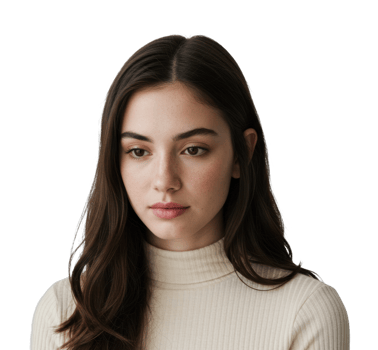 Young female in white turtleneck with long brown hair. png