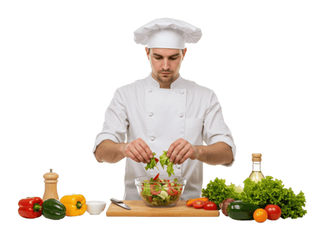 Caucasian male chef preparing fresh salad with vegetables and olive oil. png