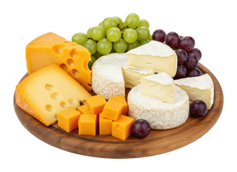 Assorted cheeses and grapes on wooden platter cheddar, brie, swiss, green and red grapes. png