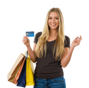 Young female with shopping bags and credit card in hand, smiling and stylish. png