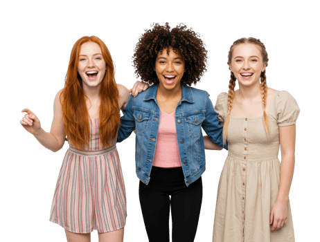 Three diverse young women smiling together and african heritage friendship. png