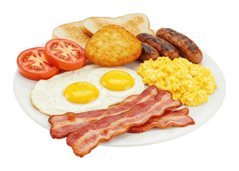 Delicious full english breakfast with eggs, bacon, sausages, and hash browns on a plate. png