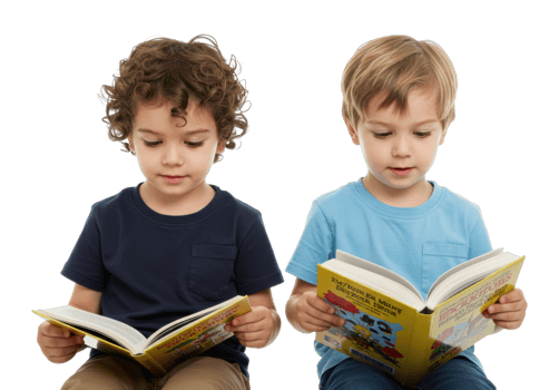 Two boys reading illustrated books in studio setting. png
