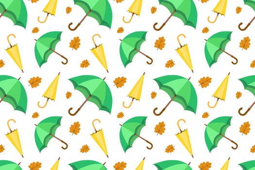Autumn seamless pattern with green and yellow umbrellas with falling leaves in trendy design. Fall season illustration in flat style. vector