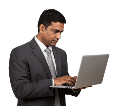 Focused asian male adult in suit working on laptop. png